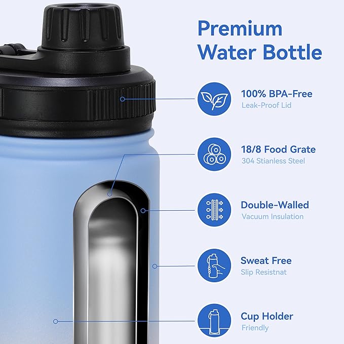 DOMICARE 16 oz Water Bottle for School Stainless Steel Double Wall Vacuum Insulated Water Bottle with Straw lids & Spout Lid, Leakproof BPA Free (Blue/Pink,4)