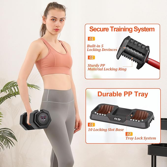 25/55LB Adjustable Dumbbell Set,10 in 1 Free Weights Dumbbell with Anti-Slip Texture Handle,1 Sec Speed Adjustment Men/Women Gym and Home Strength Training Equipment.
