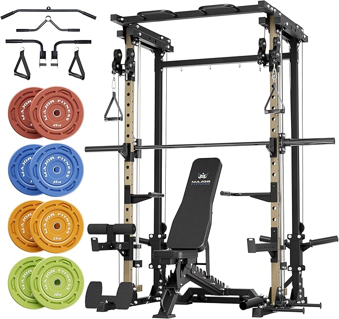 MAJOR FITNESS Drone3 Smith Machine, 2500lbs All-in-One Home Gym Power Rack with Dual Pulley System for Cable Crossover, Pull-Up Bars