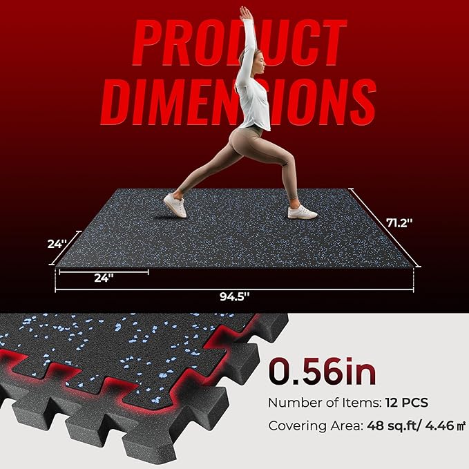 SUPERJARE 0.56'' Thick 12 Pcs 48 Sq Ft Rubber Top Exercise Equipment Mats, High Density EVA Foam Mats with Rubber Top, Interlocking Gym Flooring for Home Gym, Protective Workout Mat, Black/Blue