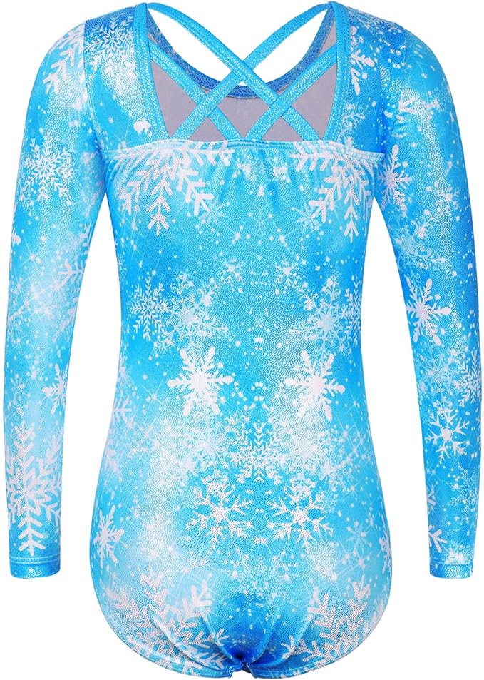 BAOHULU Gymnastics Leotards for Girls Long Sleeve Sparkly Cute Pattern Dance Outfit with Matching Shorts Set