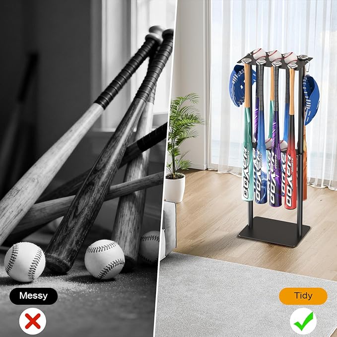 Baseball Bat Holder Display Stand, Holds 8 Bats 5 Balls 4 Gloves, Heavy Duty Metal Storage Rack for Home Garage Dugout, Black