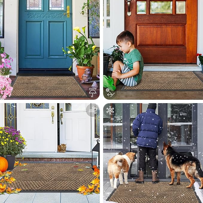 Smiry Front Door Mat Outside Entrance, Heavy Duty Sturdy Natural Rubber Doormat, Trap Dirt and Moisture, Easy Clean Low Profile Mats for Indoor Outdoor Entry, Irregular Triangle (47x30, Brown)