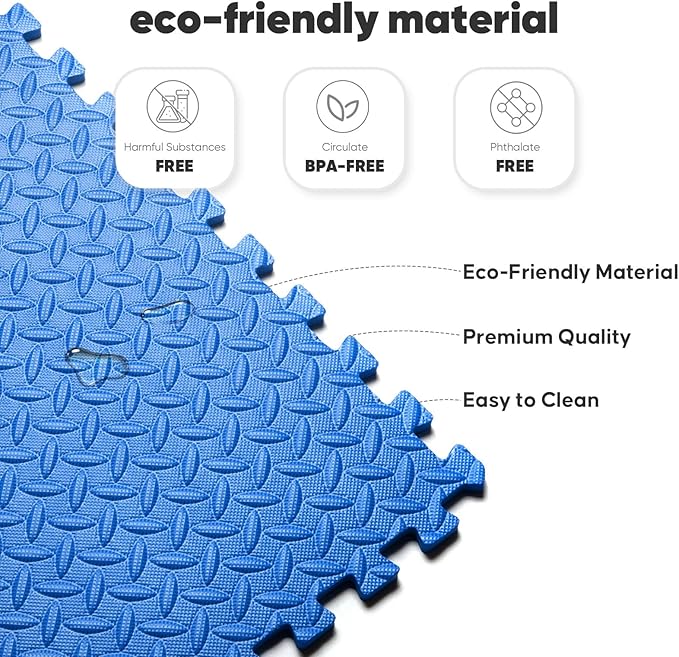 Home Gym Mat, Puzzle Exercise Mat, EVA Interlocking Foam Floor Tiles for Home Workout Equipment and Kids' Play Areas - Blue, 24 in x 24 in x ½ in - 12 Tiles (Blue, 12 Pack 48 sq ft)