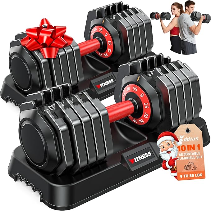 XDDIAS Adjustable Dumbbell Set of 2, 25/55/80LB Dumbbell Set-Fast Adjust Weights Set, 5/10/16 in 1 Free Weights Dumbbells Set with Anti-Slip Metal Handle, Compact Size for Men/Women Home Gym Equipment