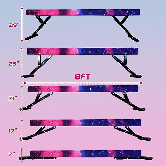 PreGymnastic 8FT Balance Beam, Raised Gymnastics Beam for Kids Ages 3-12, Home Gym Equipment for Training, Adjustable Balancing Beam Indoor, Off-Ground Competition Style
