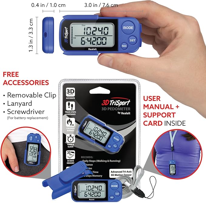 Realalt 3DTriSport Walking 3D Pedometer with Clip & Strap, eBook Included 30 Days Memory Accurate Step Counter, Walking Distance Miles/Km, Calorie Counter, Daily Exercise Time Monitor