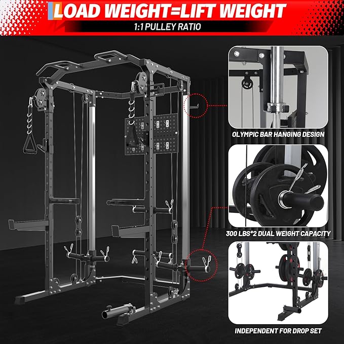 Power Cage, Multi-Function Squat Rack with Dual Independent Pulley System, 2000 LB Capacity Workout Cage with Adjustable Cable Crossover System and Training Attachment for Home Gym
