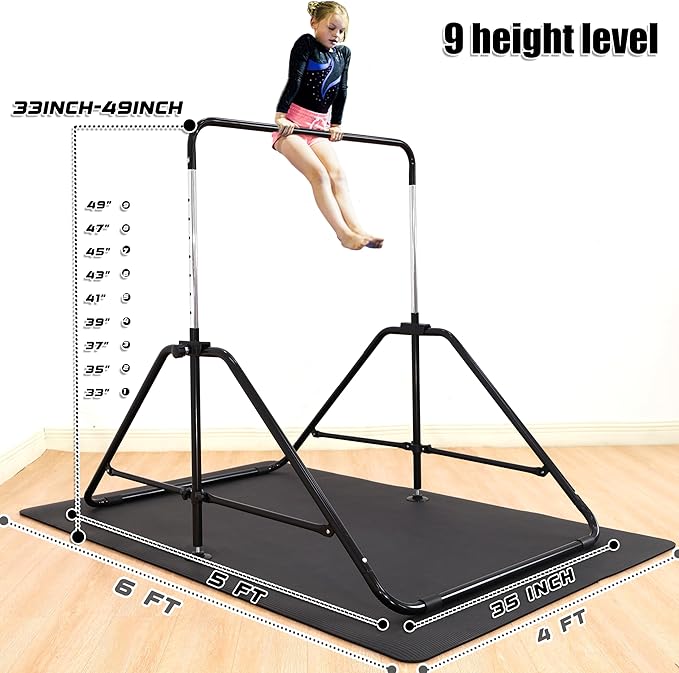 MARFULA Foldable Gymnastic Bar for Kids Ages 3-12, 9 Height Levels, 200 lbs Weight Capacity, 5 Ft Length Gymnastic Kip Bar with Mat, Gymnastic Equipment for Home and Gym Center Indoor Outdoor Use