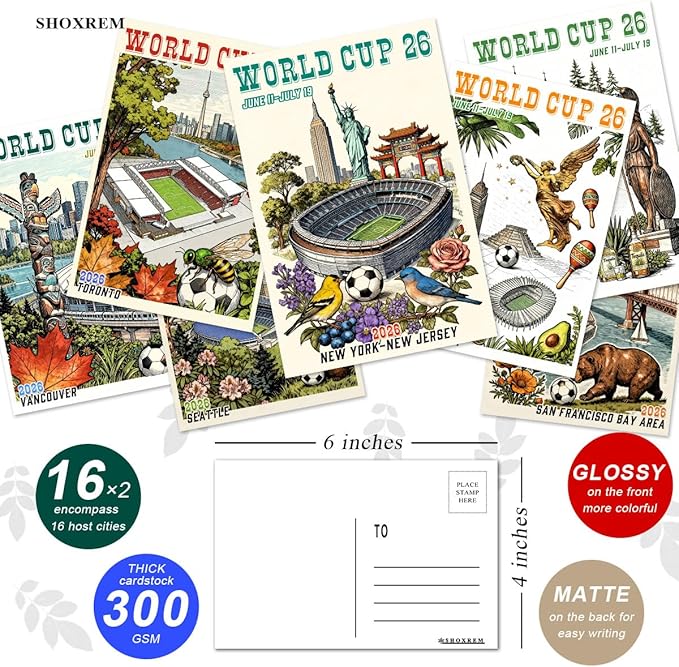 SHOXREM 32Pcs World Cup 2026 Postcards, Merchandise,World Cup Decorations - Landmark Illustrations,Retro Collage, 4" x 6"