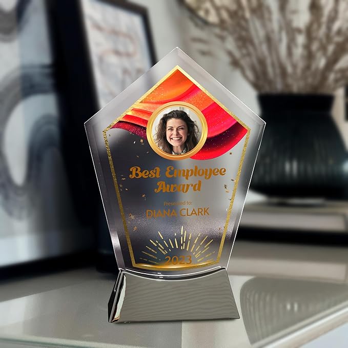 7 1/2" Personalized Glass Plaque for Awards and Trophies, Custom Award for Employee of the Month, Retirement, Leadership and Appreciation Gift J Awards (D6)