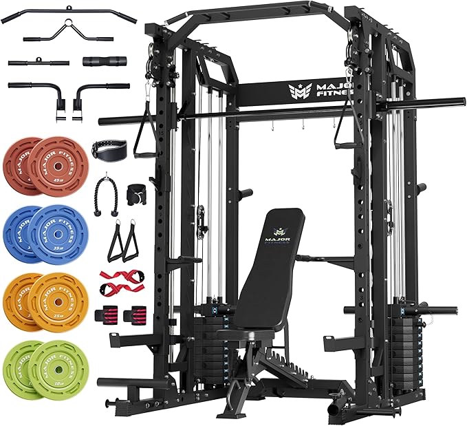 Major Fitness Drone2 Advanced Training Smith Machines– All-in-One Home Gym Squat Rack with Aluminum Pulley Set , Weight Bar, Dual LAT Pull-Down Systems & Cable Crossover Machine for Full-Body Workouts