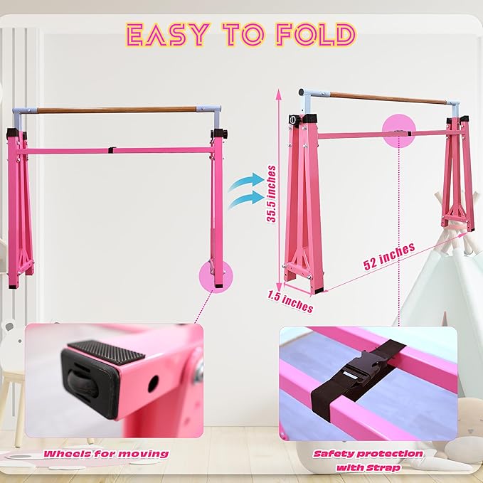 Foldable Gymnastic Bar for Kids Ages 3-20,5FT/6FT Horizontal Bar Base Length,Height Adjustable Kids Training Bar for Gymnastics,Gymnastics Equipment for Home Clubs