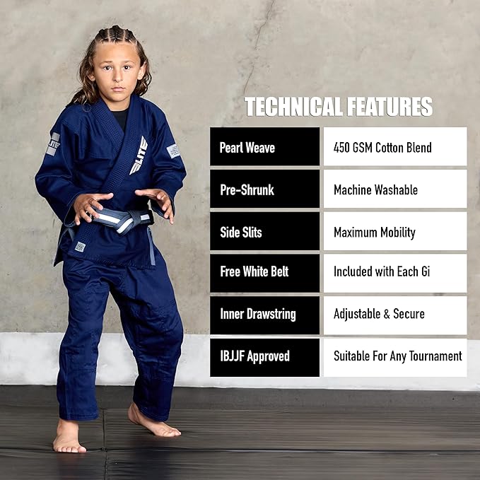 Elite Sports IBJJF Ultra Light BJJ Brazilian Jiu Jitsu Gi for Kids with Preshrunk Fabric and Free Belt