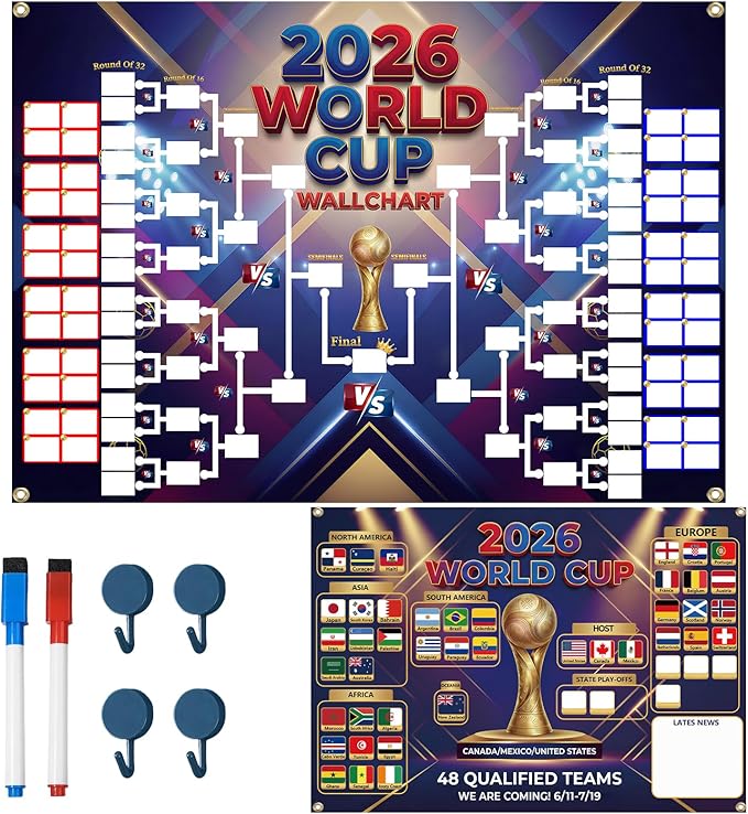 Planetgreen 2026 World Cup Poster Set, Soccer Schedule & 48 Team Bracket Wall Chart, 2 Pack 23.6 x 16.9 Inch PVC, Dry Erase Tournament Tracker, Football Wall Decor Gifts for Soccer Fans