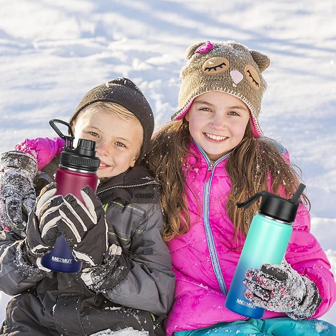 MEZMUT 18oz Insulated Water Bottle with Straw&3 Lids Stainless Steel Water Bottles Kids Metal Cups Water Bottle Cup for School Vacuum Insulated Bottles Leak-Proof Travel Cup (Gradient Red Blue)