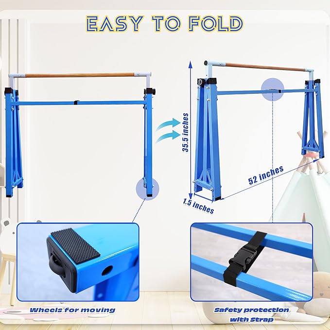 Foldable Gymnastic Bar for Kids Ages 3-20,5FT/6FT Horizontal Bar Base Length,Height Adjustable Kids Training Bar for Gymnastics,Gymnastics Equipment for Home Clubs