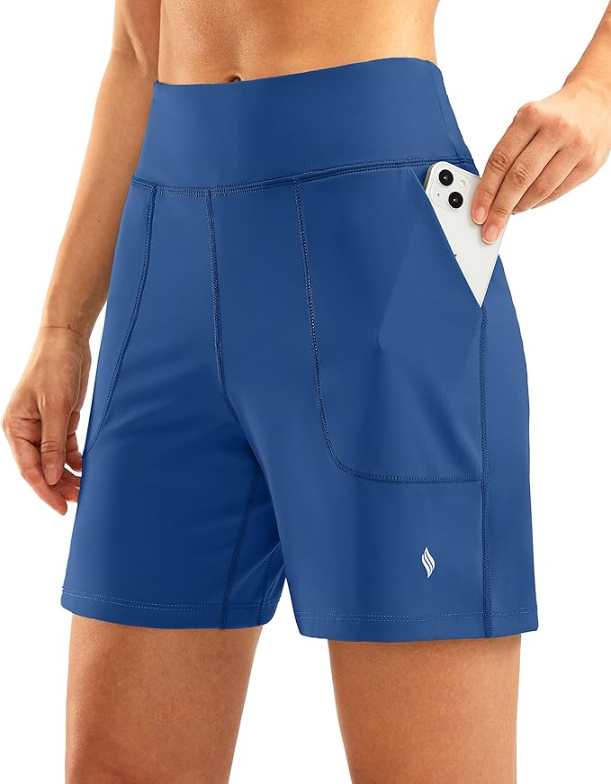 SANTINY Women's 6'' Athletic Long Shorts with 4 Pockets High Waisted Bermuda Shorts for Women Walking Running Casual