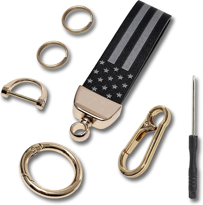 Car Key Chain, Leather Cars Keychains for Men, American Usa Flag Key Chains with Anti-Lost D-Ring Men Car Accessories