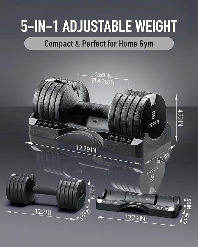 BYZOOM FITNESS Adjustable Dumbbell – 12.5/25lb Single Unit OR Set of 2 – 5-in-1 Adjustable Weight for Home Gym, Strength Training & Fitness Workouts, White OR Black