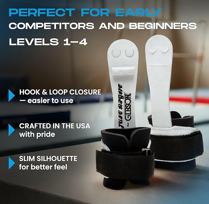Gibson Athletic Just Right Neo Gymnastic Grips for Women, Leather Grip with Neoprene Wrist Guard, Hook & Loop Closure, Grips for Early Competitor, Gymnastics Grips for Girls - Made in USA