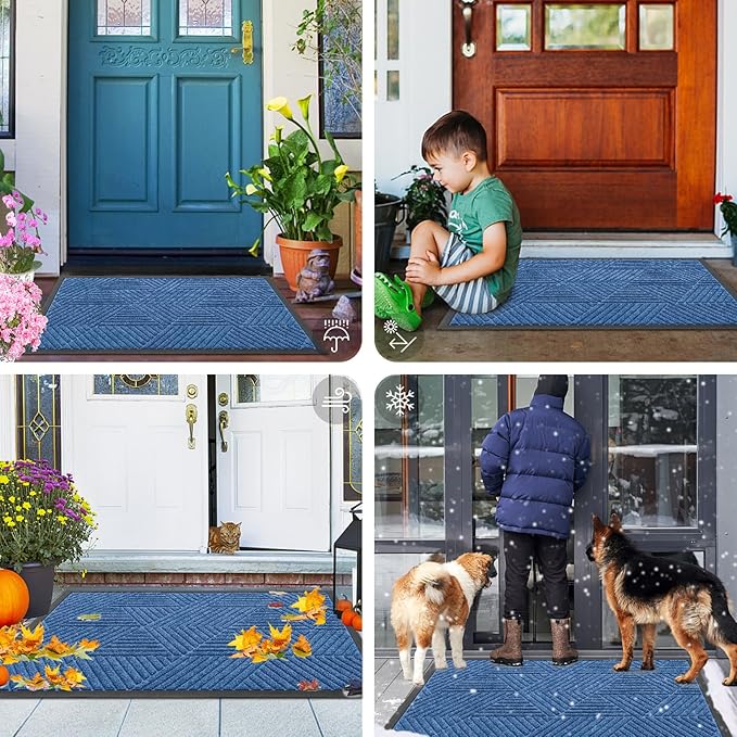 Smiry Front Door Mat Outside Entrance, Heavy Duty Sturdy Natural Rubber Doormat, Trap Dirt and Moisture, Easy Clean Low Profile Mats for Indoor Outdoor Entry, Irregular Triangle (71x24, Blue)