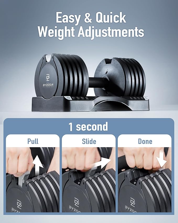 BYZOOM FITNESS Adjustable Dumbbell – 12.5/25lb Single Unit OR Set of 2 – 5-in-1 Adjustable Weight for Home Gym, Strength Training & Fitness Workouts, White OR Black