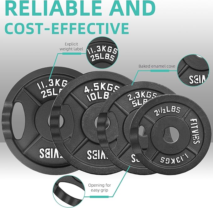 Fitvids Barbell Weight Set, Cast Iron 1" Standard Weight Plates Including 5FT Standard Barbell Bar & Star Locks, 95 Pounds Set (85 Lbs Plates + 10 Lbs Barbell Bar), Multiple Packages