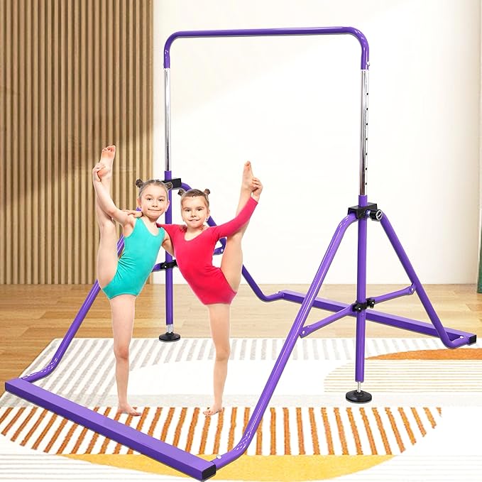 PreGymnastic Folding Gymnastics Bar with Rings, Foldable Kip Bar with Sturdier Base, Training Bar for Kids Ages 3-10, Horizontal Bar, Home Gym Equipment for Boy Girl