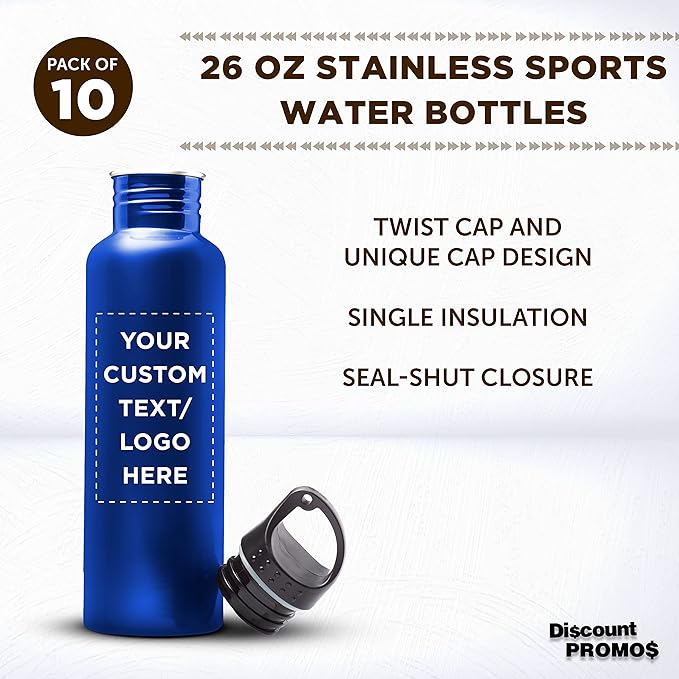 DISCOUNT PROMOS Custom Stainless Steel Water Bottles 26 oz. Set of 10, Personalized Bulk Pack - Reusable, Leak Proof, Perfect for Gym, Hiking, Camping, Outdoor Sports - Met Blue