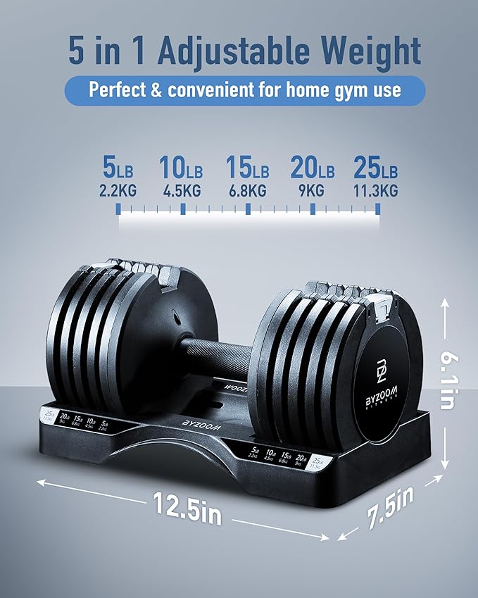BYZOOM FITNESS Adjustable Dumbbell – 12.5/25lb Single Unit OR Set of 2 – 5-in-1 Adjustable Weight for Home Gym, Strength Training & Fitness Workouts, White OR Black