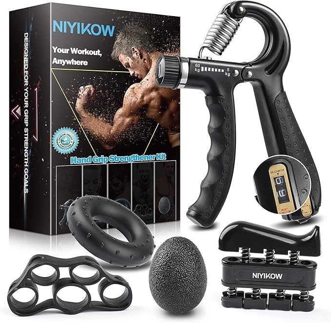 NIYIKOW Grip Strength Trainer Kit With Counter (5 Pack) - Adjustable Hand Strengthener, Counting Strength, Finger Trainer, Exerciser, Ring & Stress Relief Ball With Carry Bag