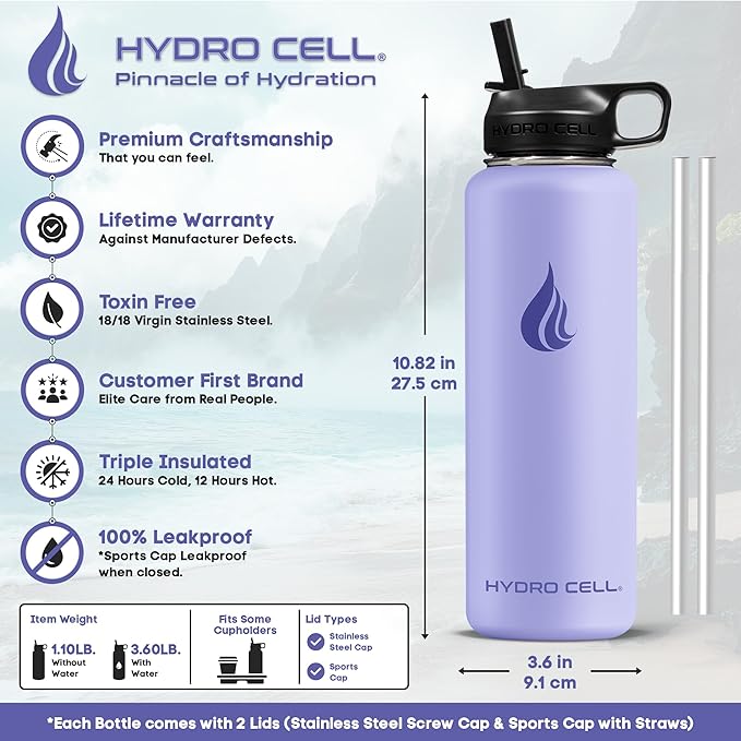 HYDRO CELL Stainless Steel Insulated Water Bottle with Straw - For Cold & Hot Drinks - Metal Vacuum Flask with Screw Cap and Modern Leakproof Sport Thermos for Adults (Lilac 40oz)