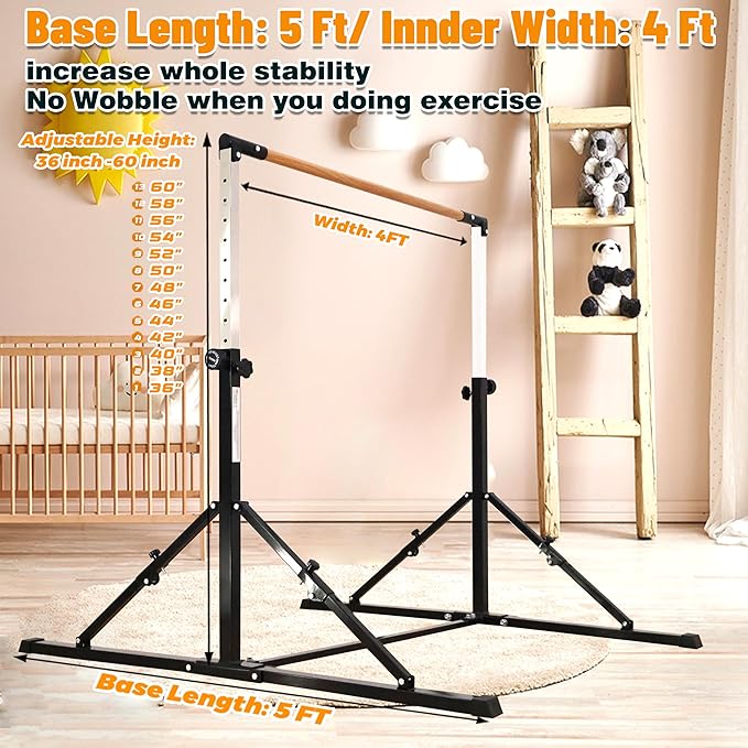 MARFULA 4FT/5FT Gymnastic Bar Set Gymnastics Kip Bar with 5 Ft Length 4Ft Inner Width 5ft Adjust Height Gymnastics Training Bar Equipment for Kids Professional Training Home and Club Use