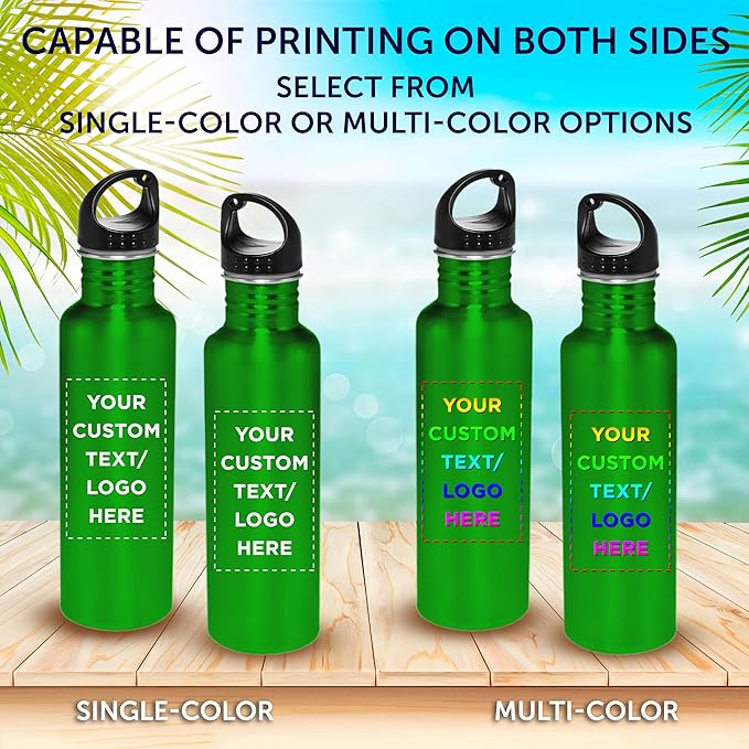 DISCOUNT PROMOS Custom Stainless Steel Water Bottles 26 oz. Set of 10, Personalized Bulk Pack - Reusable, Leak Proof, Perfect for Gym, Hiking, Camping, Outdoor Sports - Green