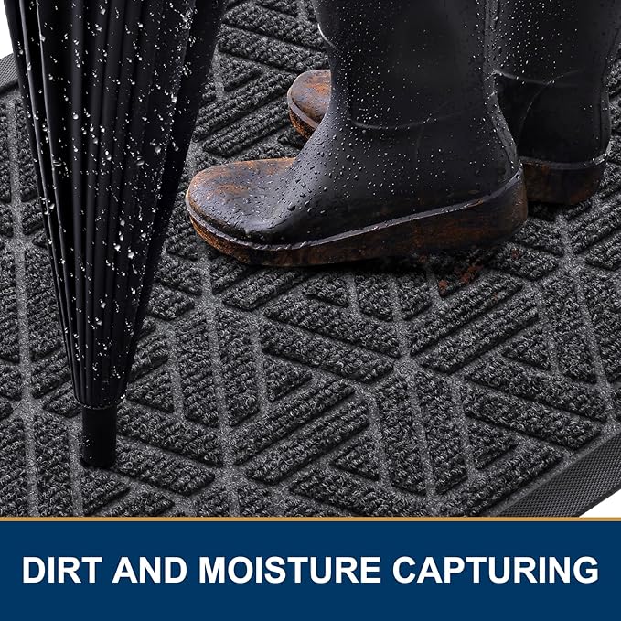 Smiry Front Door Mat Outside Entrance, Heavy Duty Sturdy Natural Rubber Doormat, Trap Dirt and Moisture, Easy Clean Low Profile Mats for Indoor Outdoor Entry, Grid Geometric (36x24, Grey)