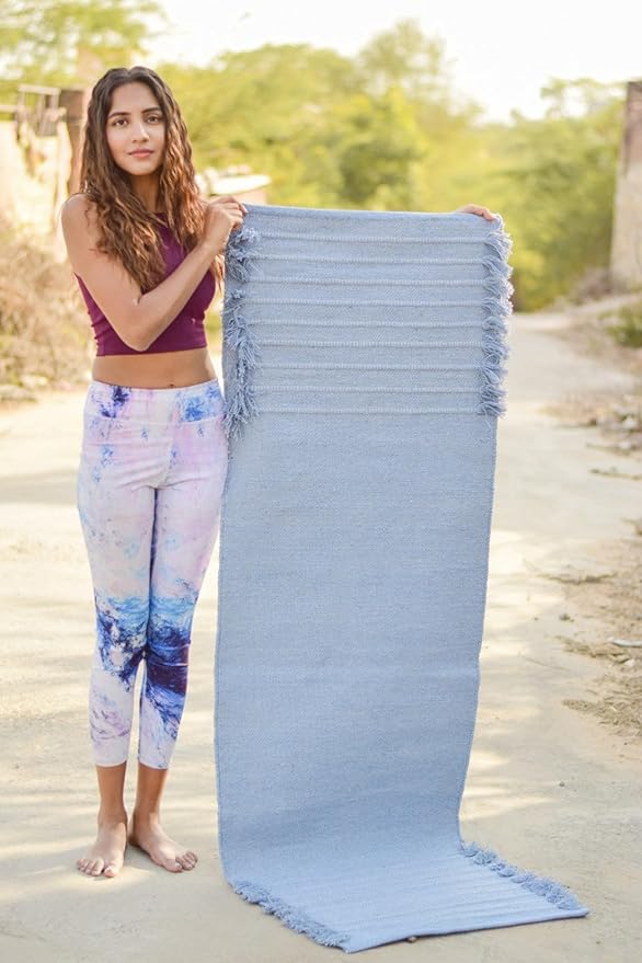 Indian Handmade100 % Organic Anti Skid Multi Colour Cotton Yoga Mat - Eco-Friendly Hand-Woven Rug - Non-Slip & Thick (24”x72”x5mm) for Hot yoga & Everyday Fitness at Home - Comfortable & Foldable Extra-Long Mat