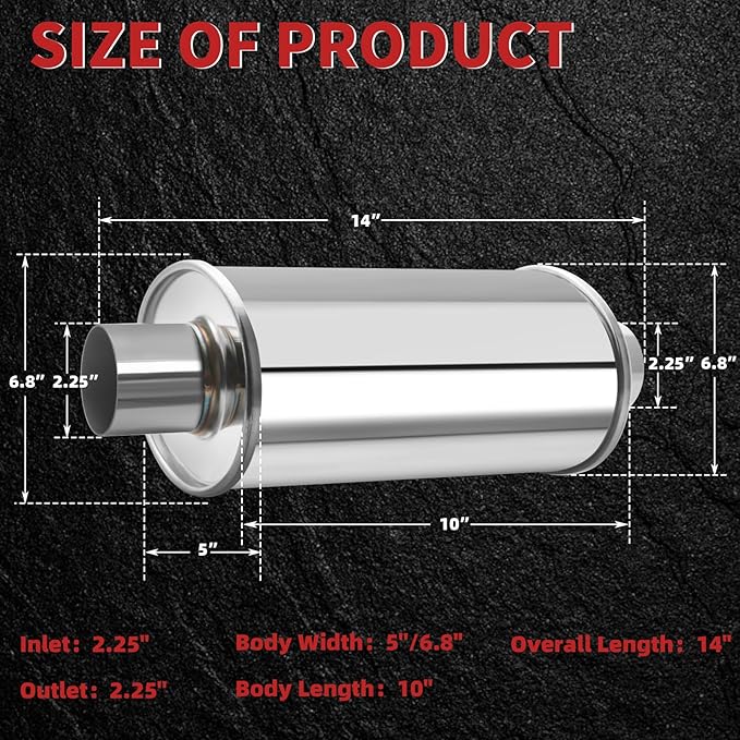 LCGP 2.25” Ultra Quiet Resonator, 2.25'' Inlet & Outlet 14" Overall Length Universal Muffler, 304 Stainless Steel vibrant performance resonator 2.25", Oval Muffler Shape, Silver