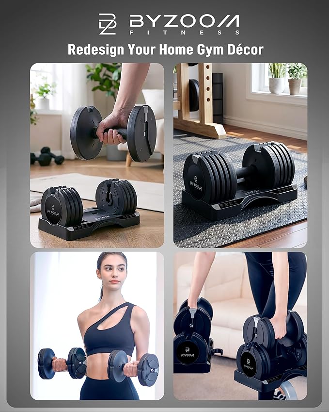 BYZOOM FITNESS Adjustable Dumbbell – 12.5/25lb Single Unit OR Set of 2 – 5-in-1 Adjustable Weight for Home Gym, Strength Training & Fitness Workouts, White OR Black