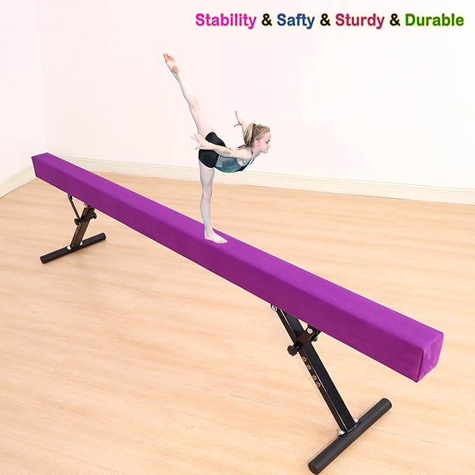 8 Ft Gymnastic Balance Beam with Adjustable Height From7 inch to 22 inch for Kids Children Home Practice, Adjustable Balance Beam with Leg, High and Low Floor Gymnatic Training Beam