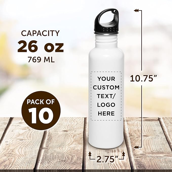 DISCOUNT PROMOS Custom Stainless Steel Water Bottles 26 oz. Set of 10, Personalized Bulk Pack - Reusable, Leak Proof, Perfect for Gym, Hiking, Camping, Outdoor Sports - White