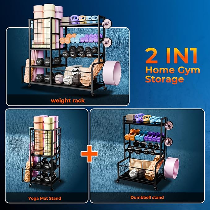 Dumbbell Rack Weight Stand - 4-Tier Adjustable Weight Rack for Dumbbells, Home Gym Storage Rack for Yoga Mat Foam Roller Kettlebells, Workout Equipment Storage Organizer With Wheels