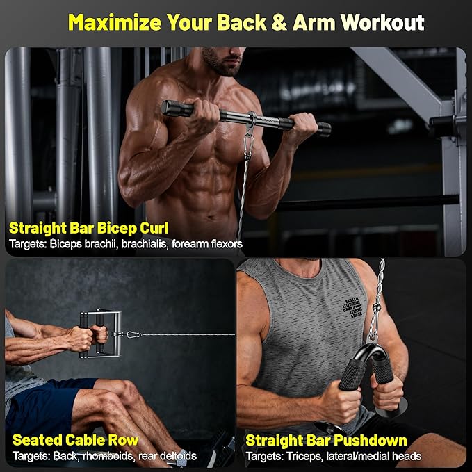 Cable Attachments for Gym, LAT Pulldown & Cable Machine Attachment Set: V-Shaped Bar, Rotating Straight Bar, V Rotation Handle, Nylon Tricep Rope, Ankle Straps & Handles, Home Gym