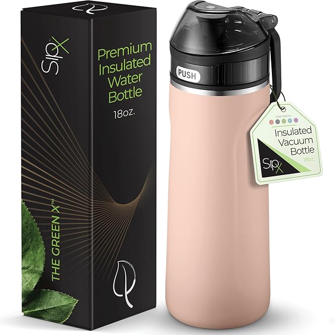 SIPX Stainless Steel Water Bottle, 18oz, Peach, Reusable, BPA-Free, Keeps Cold 24hr, Triple Insulated, Leak Proof Straw Lid, Sustainable Material, Hiking