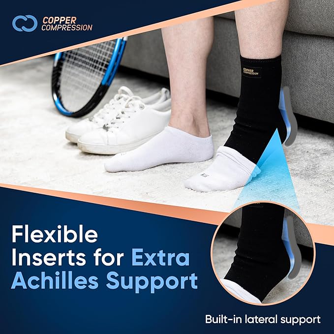 Copper Compression Achilles Support Sock – Silicone Gel Support for Tendonitis, Injury Recovery & Pain Relief – Lightweight, Breathable Compression for Swelling & Circulation – Wear Day & Night – L/XL