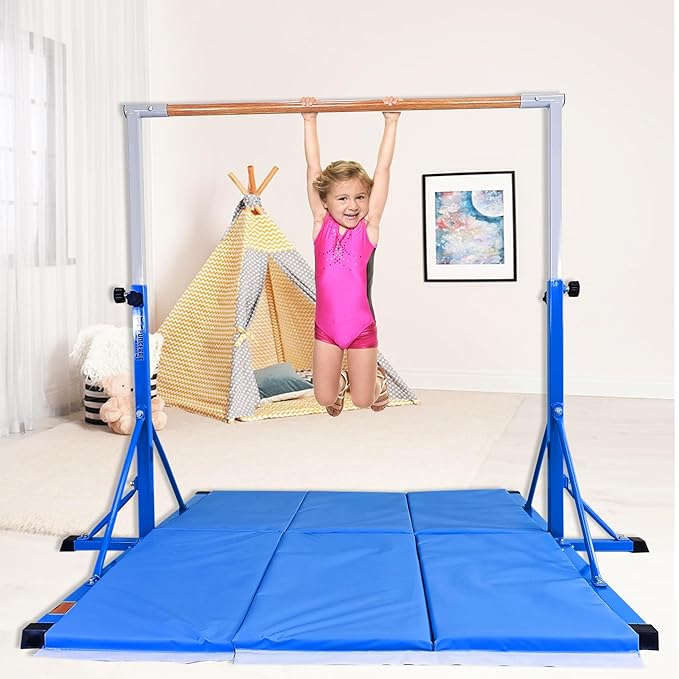 Gymnastics Bar for Kids Ages 3-15, 35" to 60" Adjustable Height, 4FT Wide Base - Professional Kip Bar with 360° Stability & Fiberglass Crossbar, Easy Fold&Solid Design for Home Training