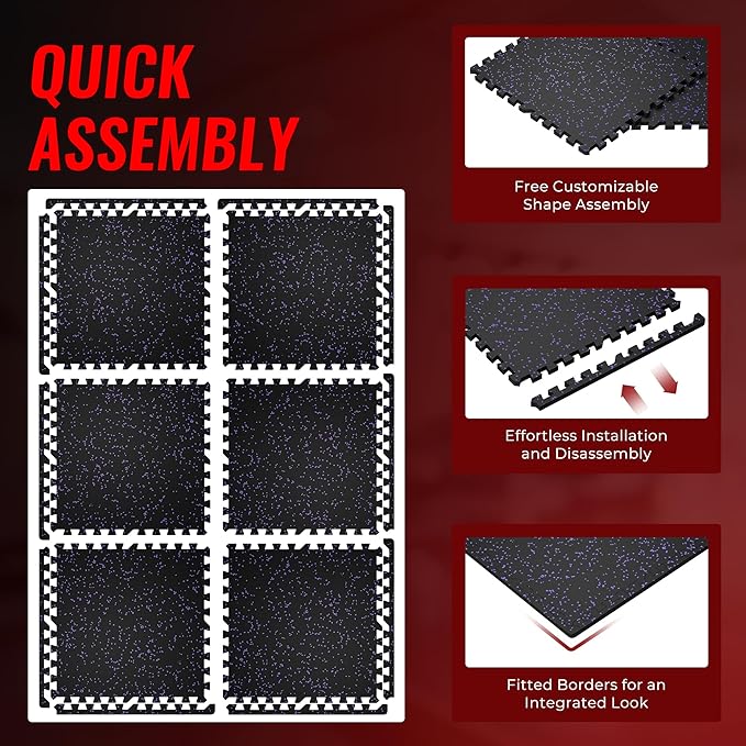SUPERJARE 0.56'' Thick 6 Pcs 24 Sq Ft Rubber Top Exercise Equipment Mats, High Density EVA Foam Mats with Rubber Top, Interlocking Gym Flooring for Home Gym, Protective Workout Mat, Black/Purple