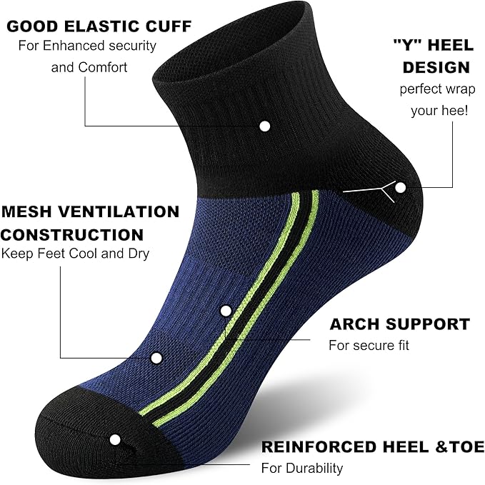 Gonii Mens Athletic Ankle Socks 5-Pairs - Blister Defense & Cushioned for Running, Hiking, Sports