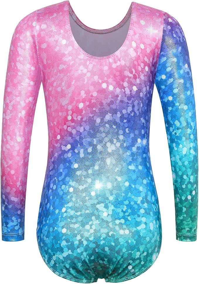 BAOHULU Leotards for Girls Gymnastics Long Sleeve Embroidery Shiny Black Diamond Dance Clothes