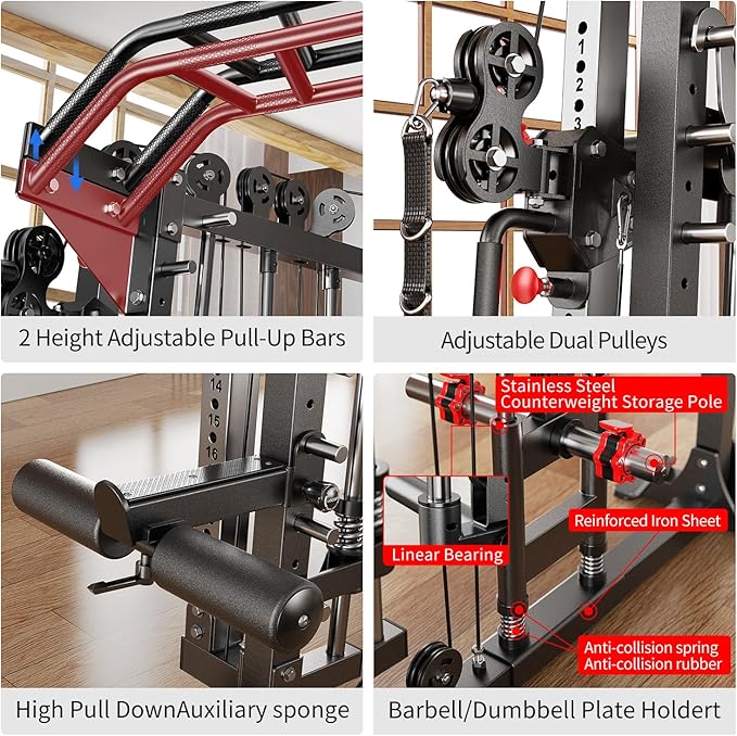 Smith Machine, Multi-Purpose Strength Power Cage with Cable Crossover System and More Training Accessories,Squat Rack Power Rack，Suitable for Home Gyms